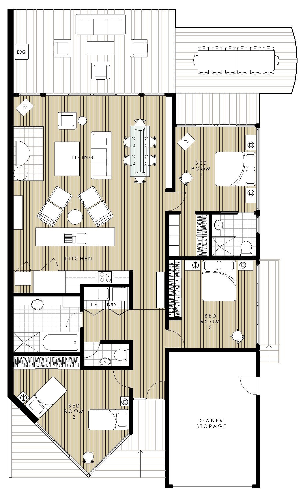 Floor plan of Sails Pearl Beach: open-plan living and kitchen opening to the deck with a table for ten and an outdoor lounge, main bedroom with ensuite and walk-in robe, bedrooms two and three, family bathroom, powder room and laundry